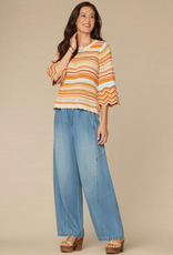 Democracy Democracy Honey Striped Crochet Round Neck 3/4 Bell Slv Sweater Top