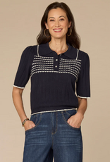 Democracy Democracy Navy Stripe Placket Short Slv Sweater Top