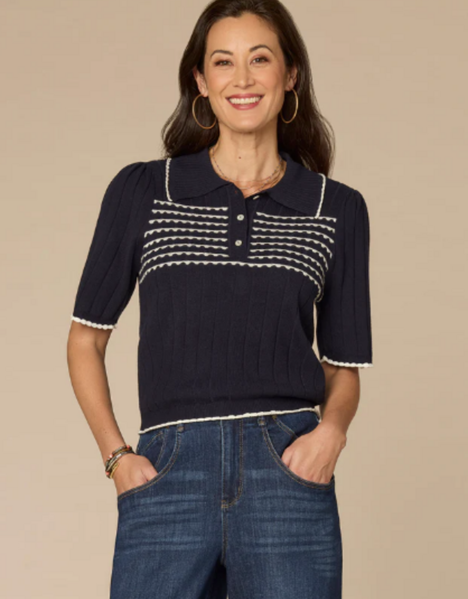 Democracy Democracy Navy Stripe Placket Short Slv Sweater Top