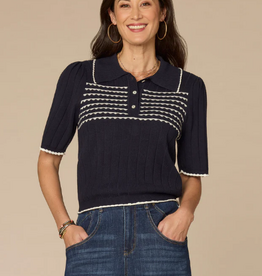 Democracy Democracy Navy Stripe Placket Short Slv Sweater Top