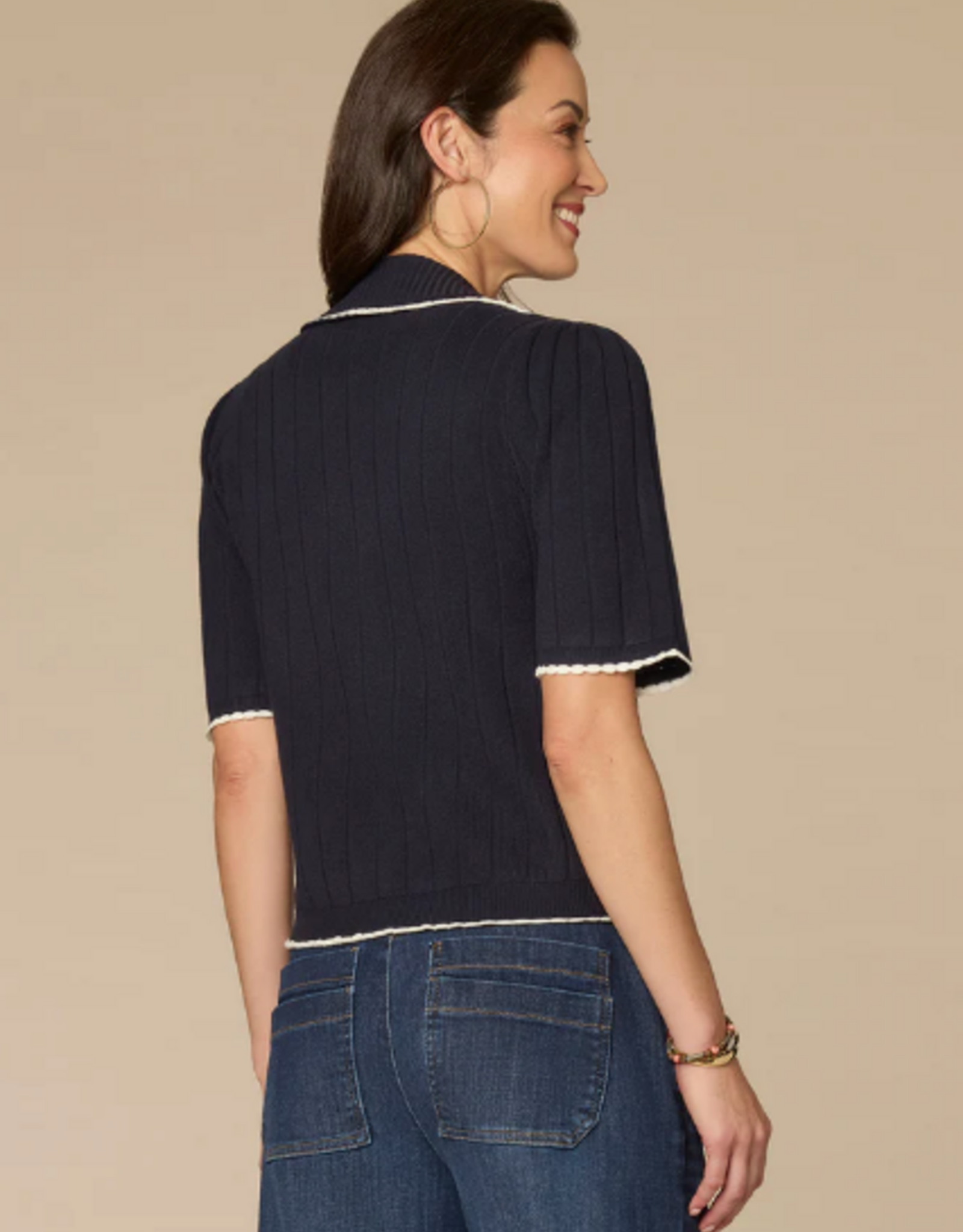 Democracy Democracy Navy Stripe Placket Short Slv Sweater Top