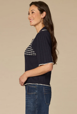 Democracy Democracy Navy Stripe Placket Short Slv Sweater Top