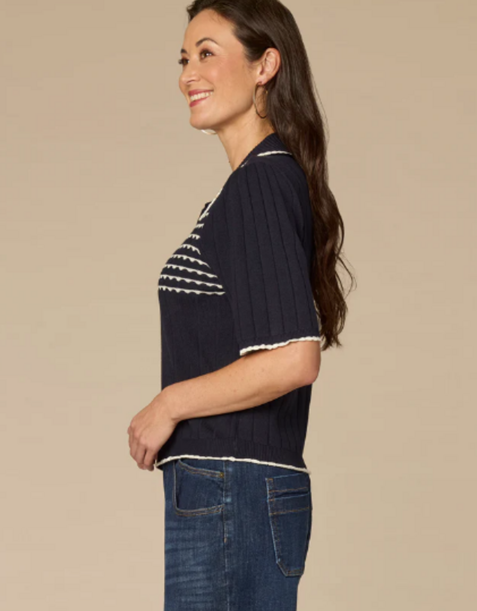 Democracy Democracy Navy Stripe Placket Short Slv Sweater Top