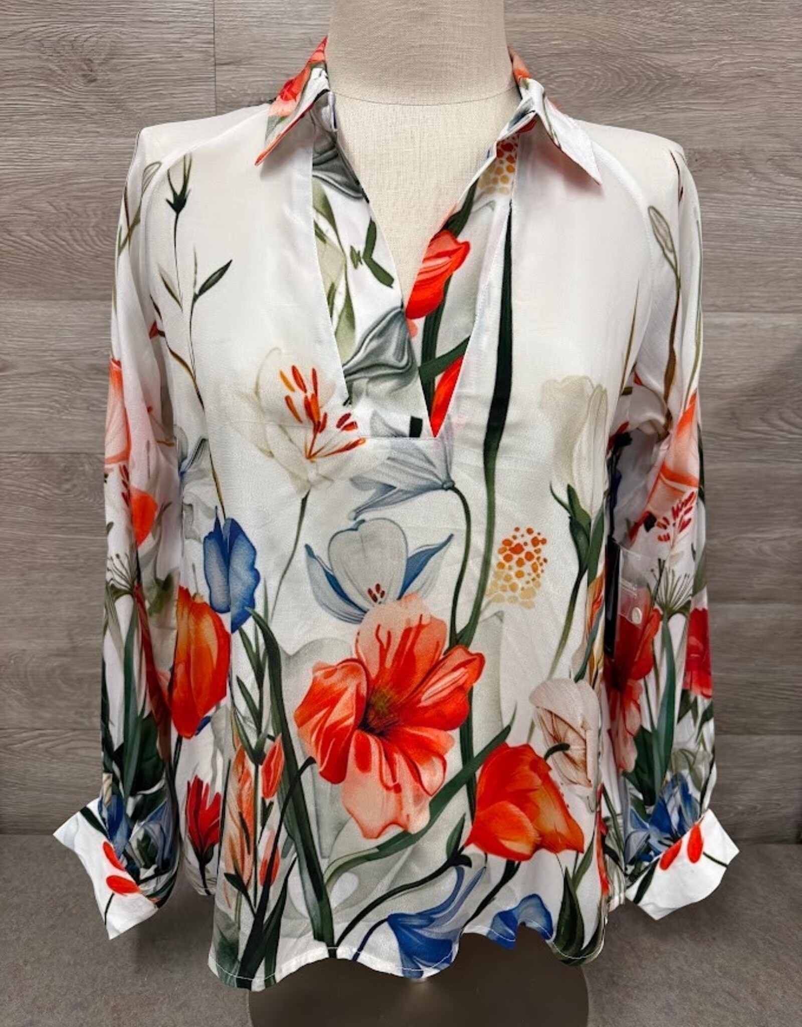 APNY APNY  Red/Blue Multi Floral 1/2 Plaket Pullover  L/S Top