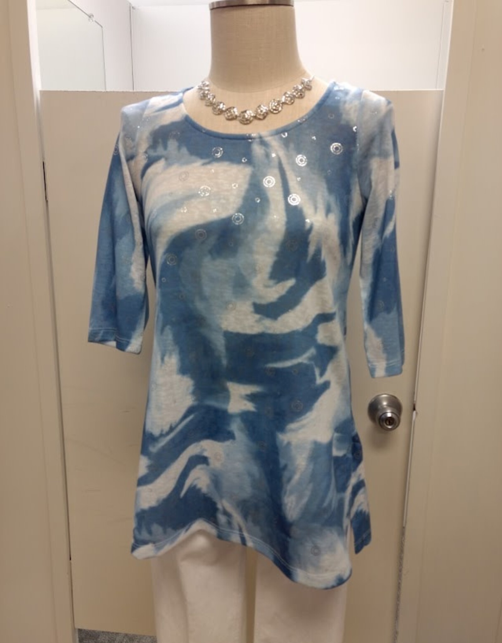 Michael Tyler Michael Tyler Denim/White Round Neck 3/4 Sleeve Top