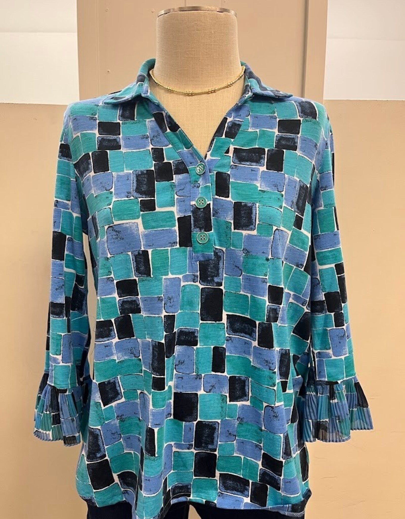 Sharon Young Inc Multiples Multi Colored Print 3/4 Sleeve Pleated Top