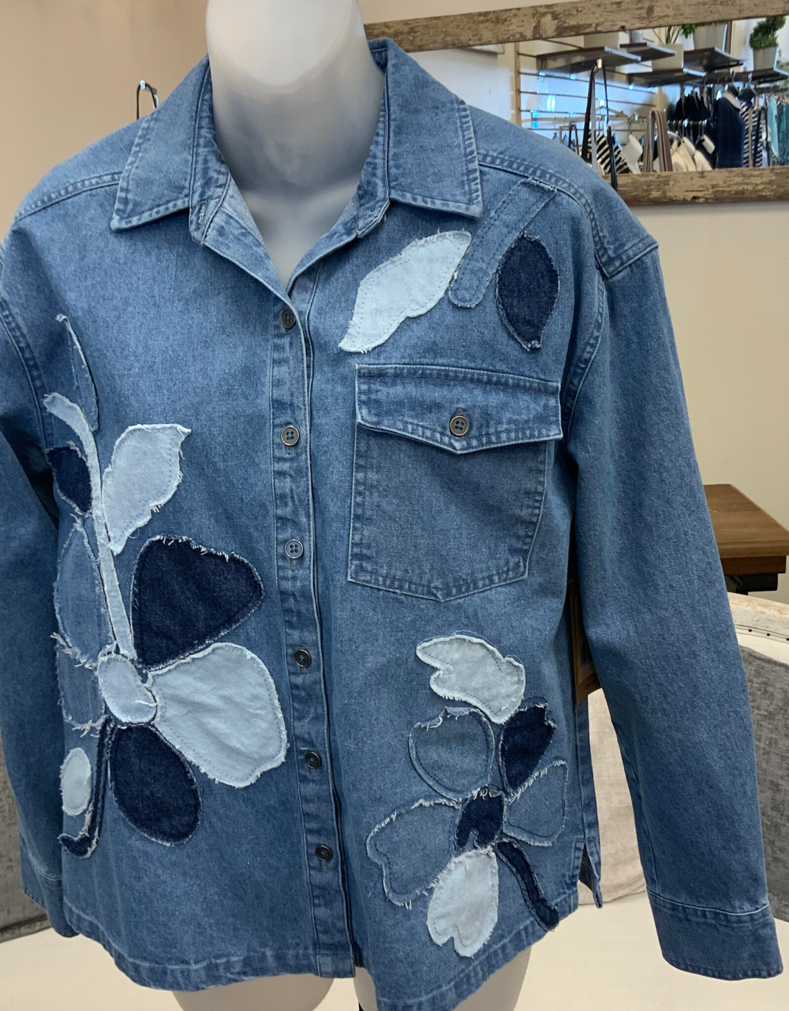 Sharon Young Inc Tru Luxe Denim Shirt Jacket w/Flower Detail