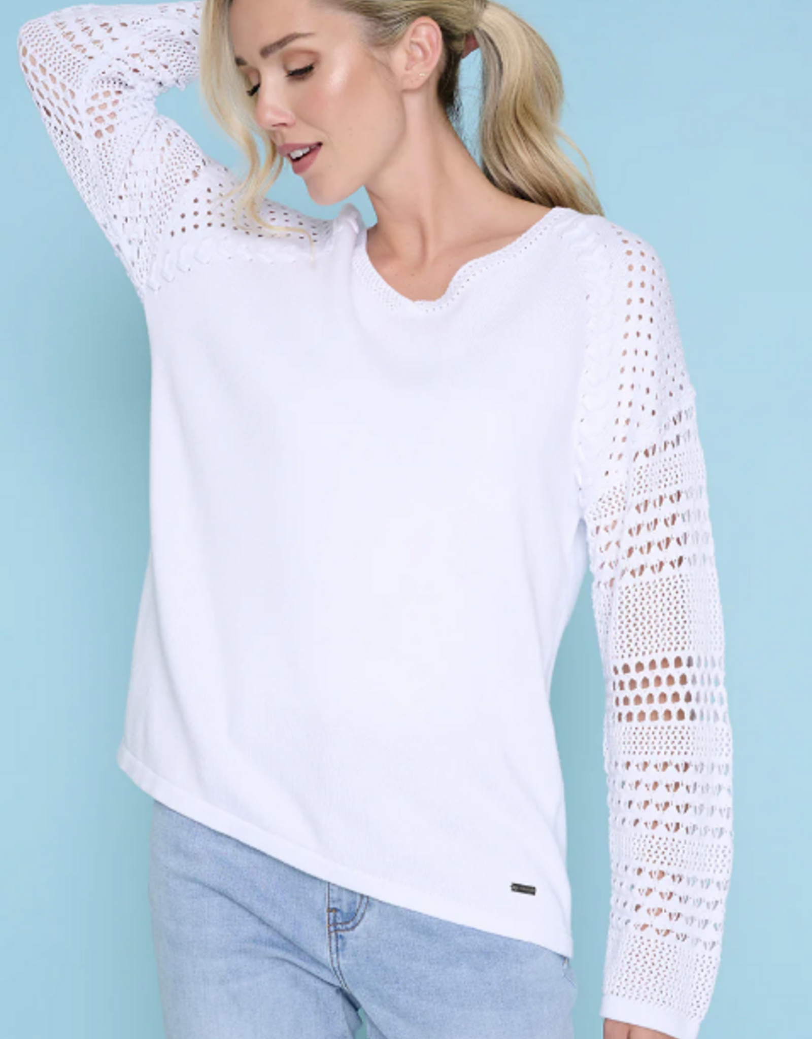 Picadilly PICADILLY  White V-Neck Long Sleeve Light Weight Sweater