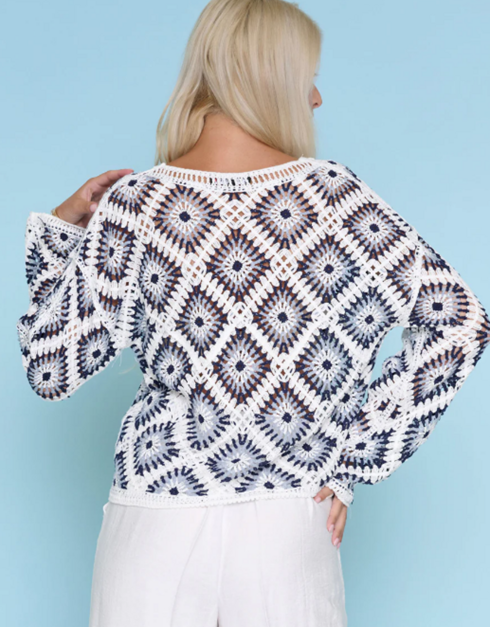 Picadilly PICADILLY Blue/White Square Crochet  Top