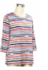 Links LinksMulti Print  Horizontal Stripe Round Neck 3/4 Sleeve Top