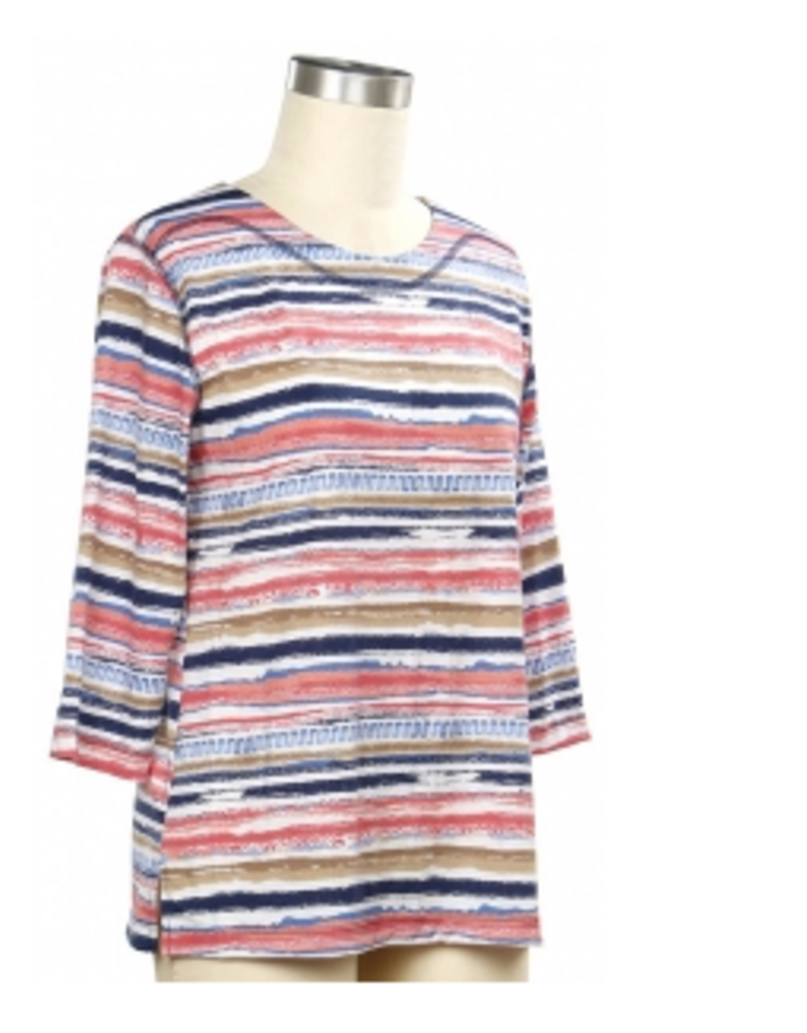 Links LinksMulti Print  Horizontal Stripe Round Neck 3/4 Sleeve Top