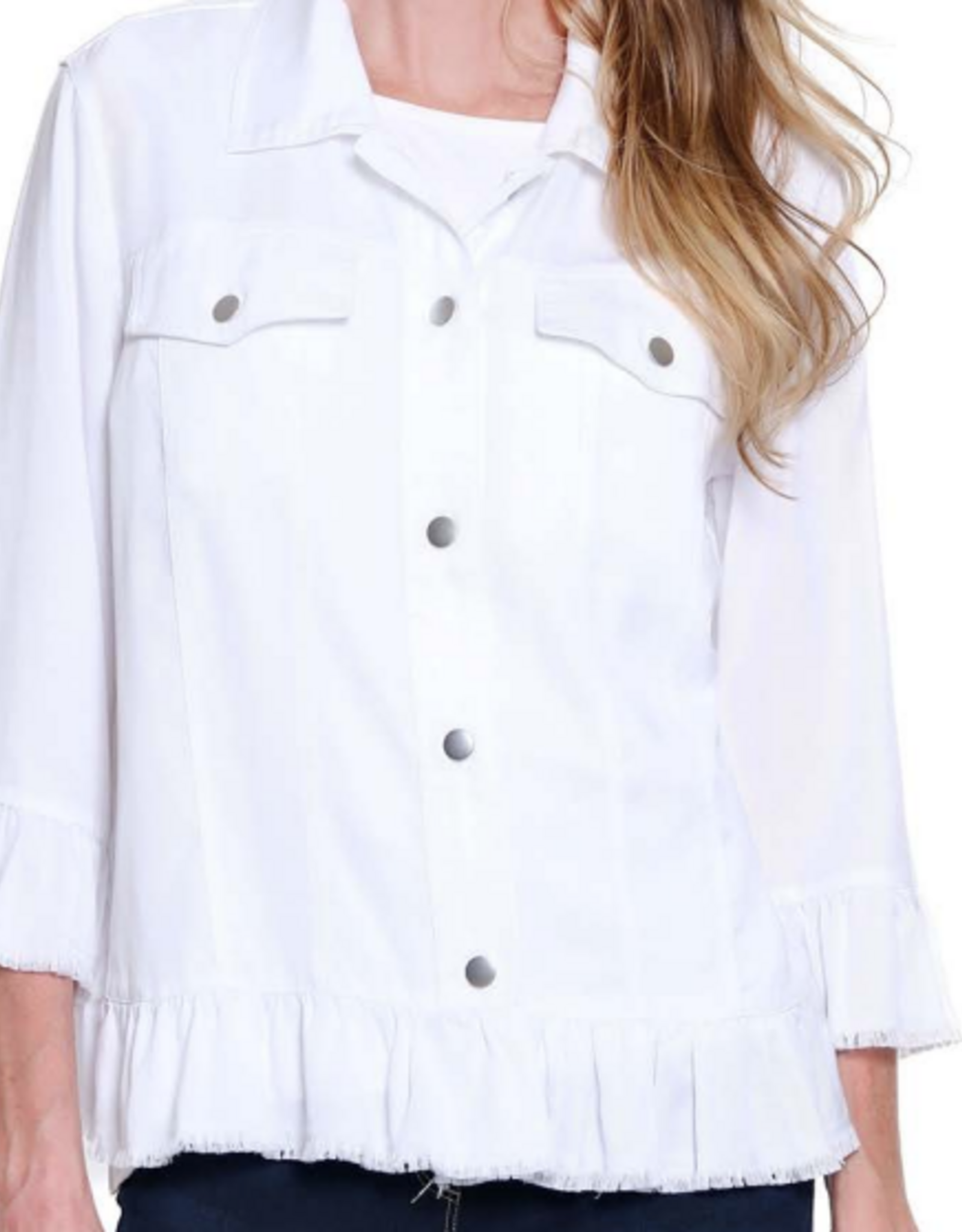 Multiples Multiples White Button Up 3/4 Sleeve  W/ Ruffle Detail  Jacket