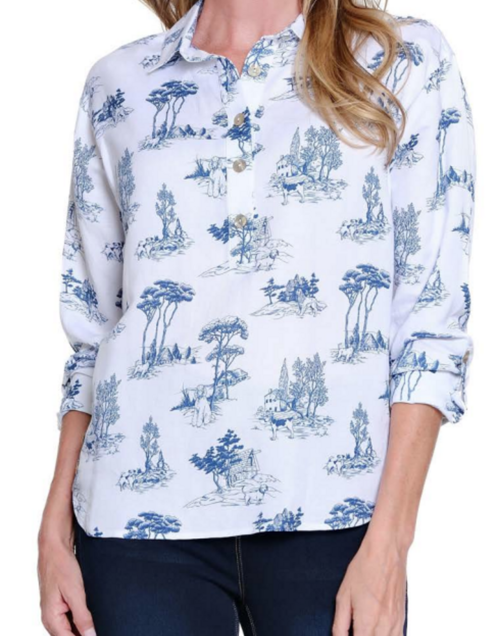 Multiples Multiples Chambray Print Button Up L/S  Top