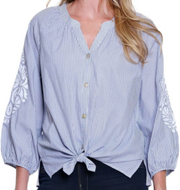 Multiples Multiples Chambray Blue Vertical Stripe 3/4 Sleeve Top