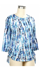 Southern Lady Southern Lady Aqua Navy Multi Print  Round Neck 3/4 Sleeve Petite  Top