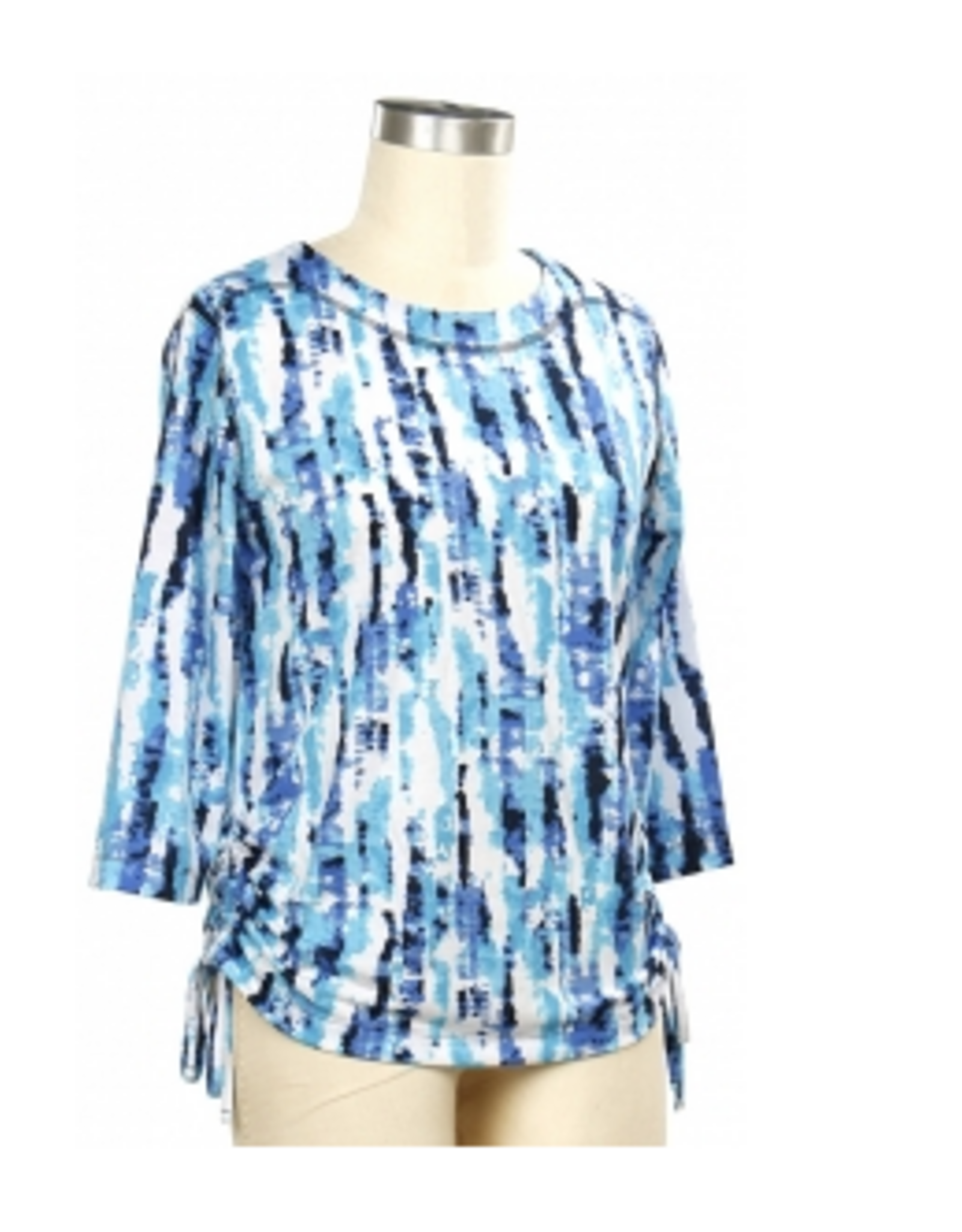 Southern Lady Southern Lady Aqua Navy Multi Print  Round Neck 3/4 Sleeve Petite  Top
