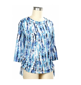 Southern Lady Southern Lady Aqua Navy Multi Print  Round Neck 3/4 Sleeve Petite  Top