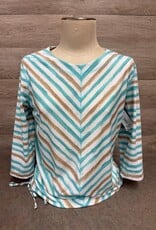 Links Links Aqua Tan White Round Neck 3/4 Sleeve Top