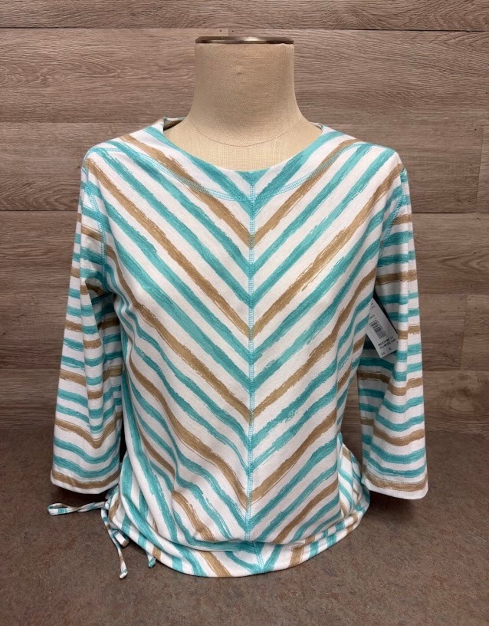 Links Links Aqua Tan White Round Neck 3/4 Sleeve Top
