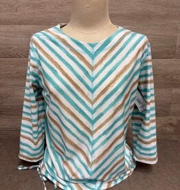 Links Links Aqua Tan White Round Neck 3/4 Sleeve Top