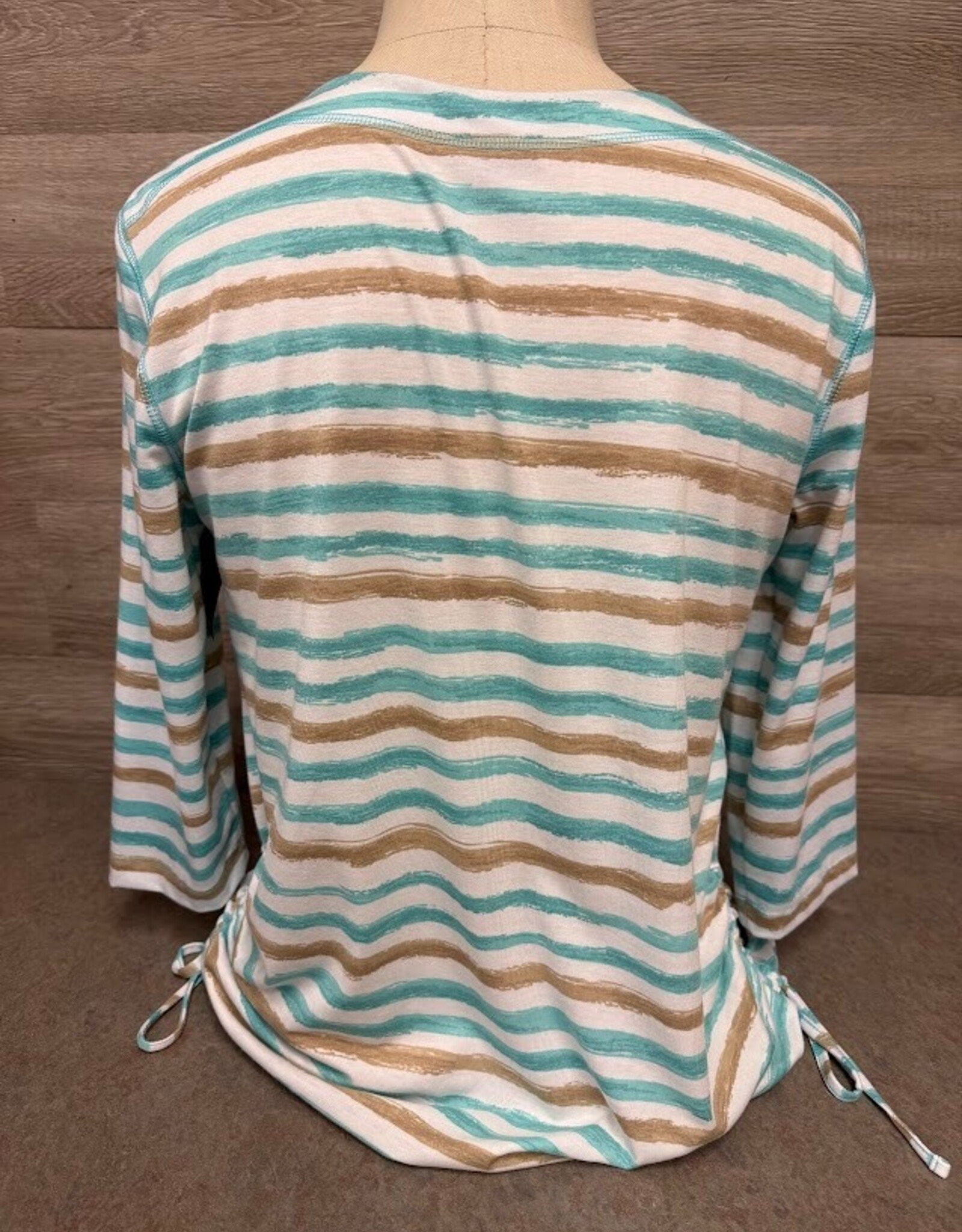 Links Links Aqua Tan White Round Neck 3/4 Sleeve Top