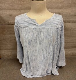 Links Southern Lady Blue Chambray Stripe Print  V- Neck 3/4 Sleeve Petite  Top