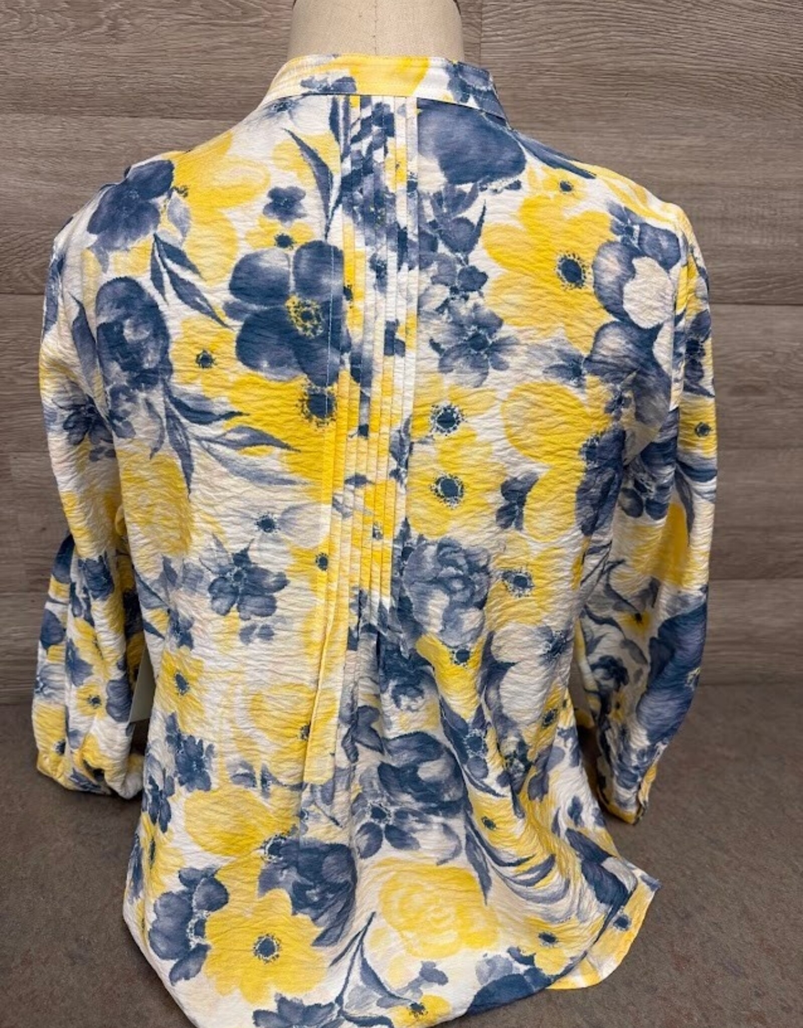 Multiples Multiples Yellow Blue Floral3/4 Sleeve Button Up Top