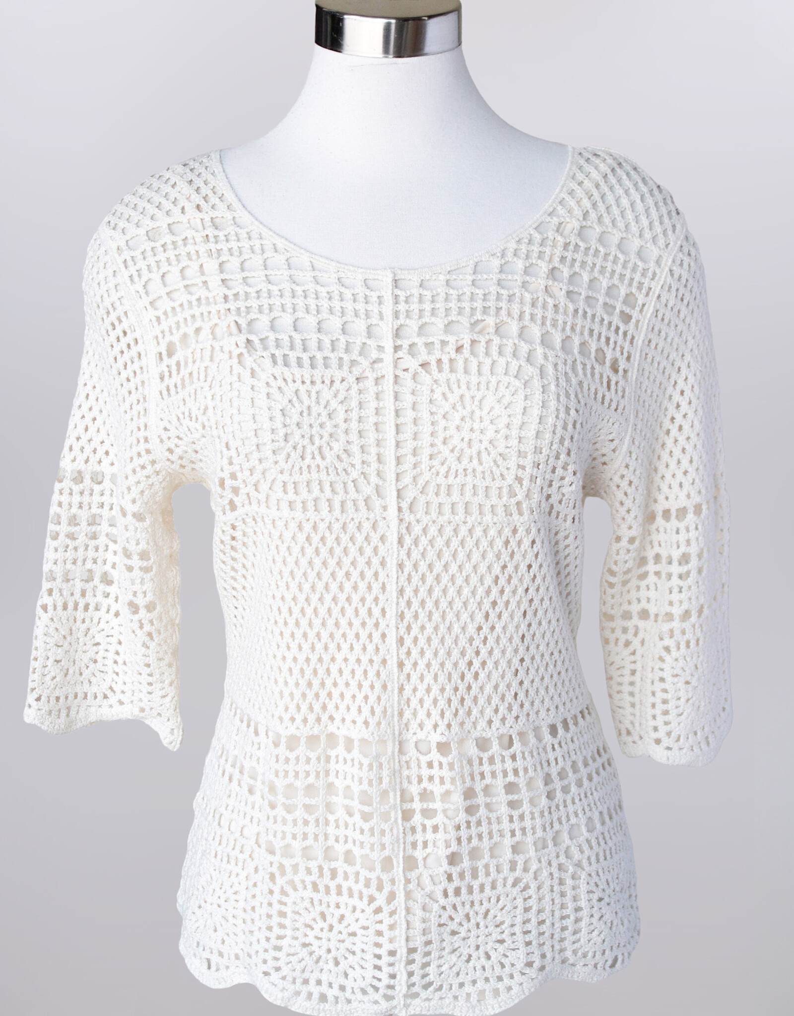 Keren Hart Keren Hart Natural 2 Piece Crochet Elbow Sleeve Crew Neck Top W/Cami