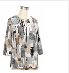 Links Links BLK/WHT   Multi Print Round Neck 3/4 Sleeve Top