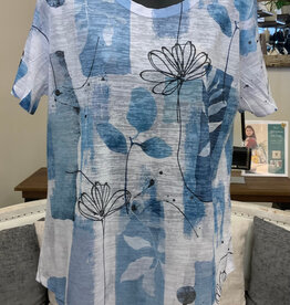Jess & Jane Jess & Jane Blue/White Floral Burn Out  Round Neck S/S Top