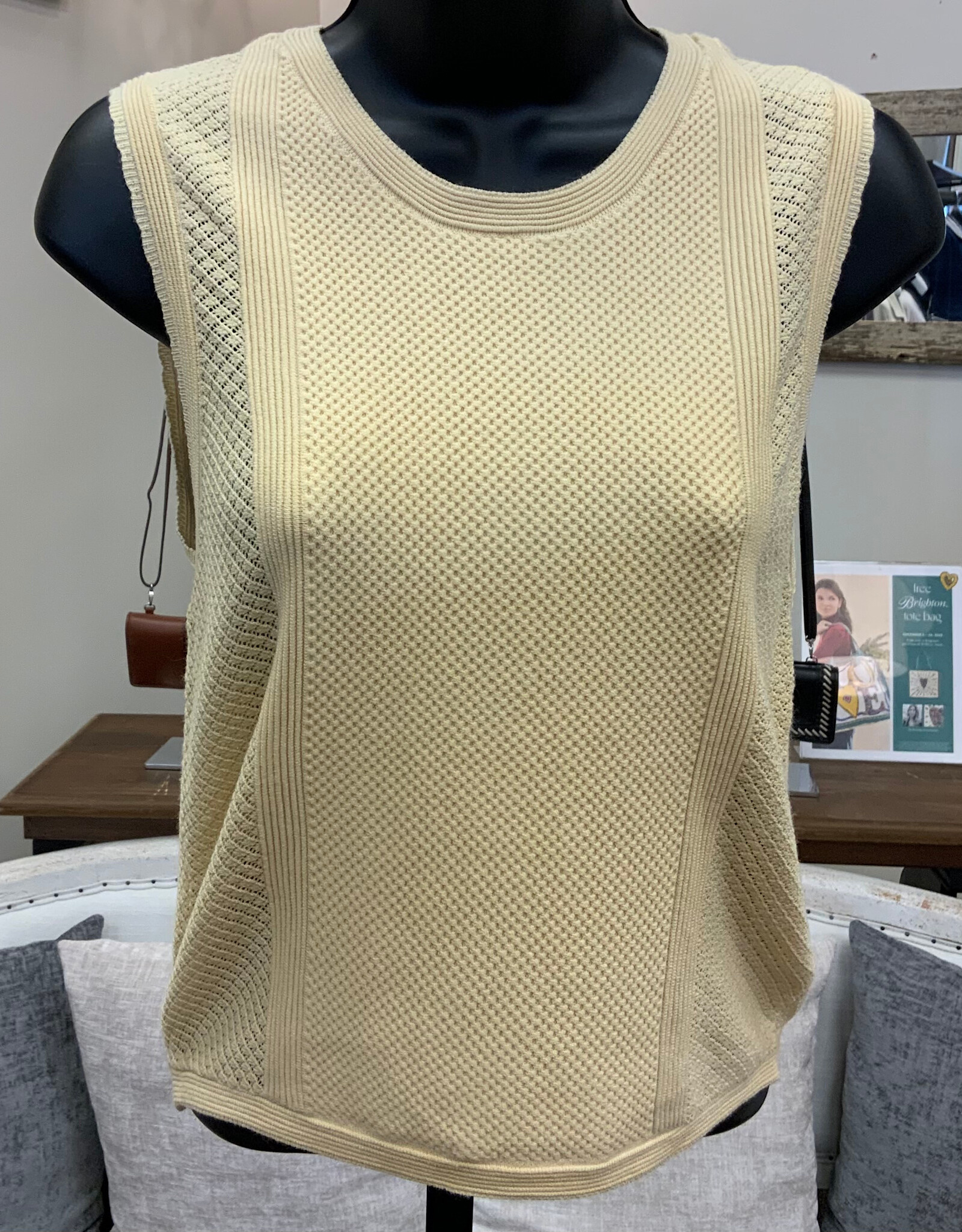 Dex Dex Lemon Butter Round Neck Crochet Detail Sleeveless Top