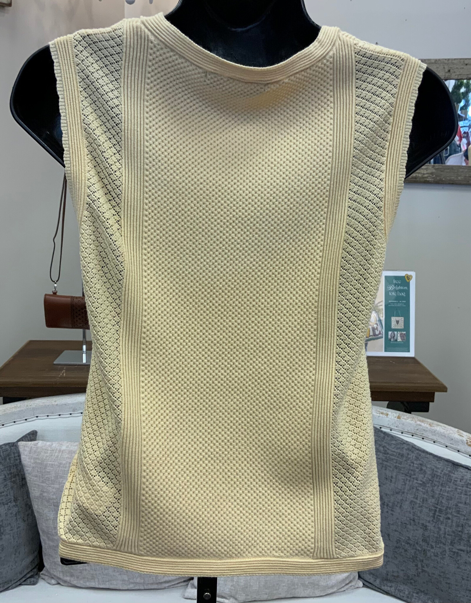 Dex Dex Lemon Butter Round Neck Crochet Detail Sleeveless Top