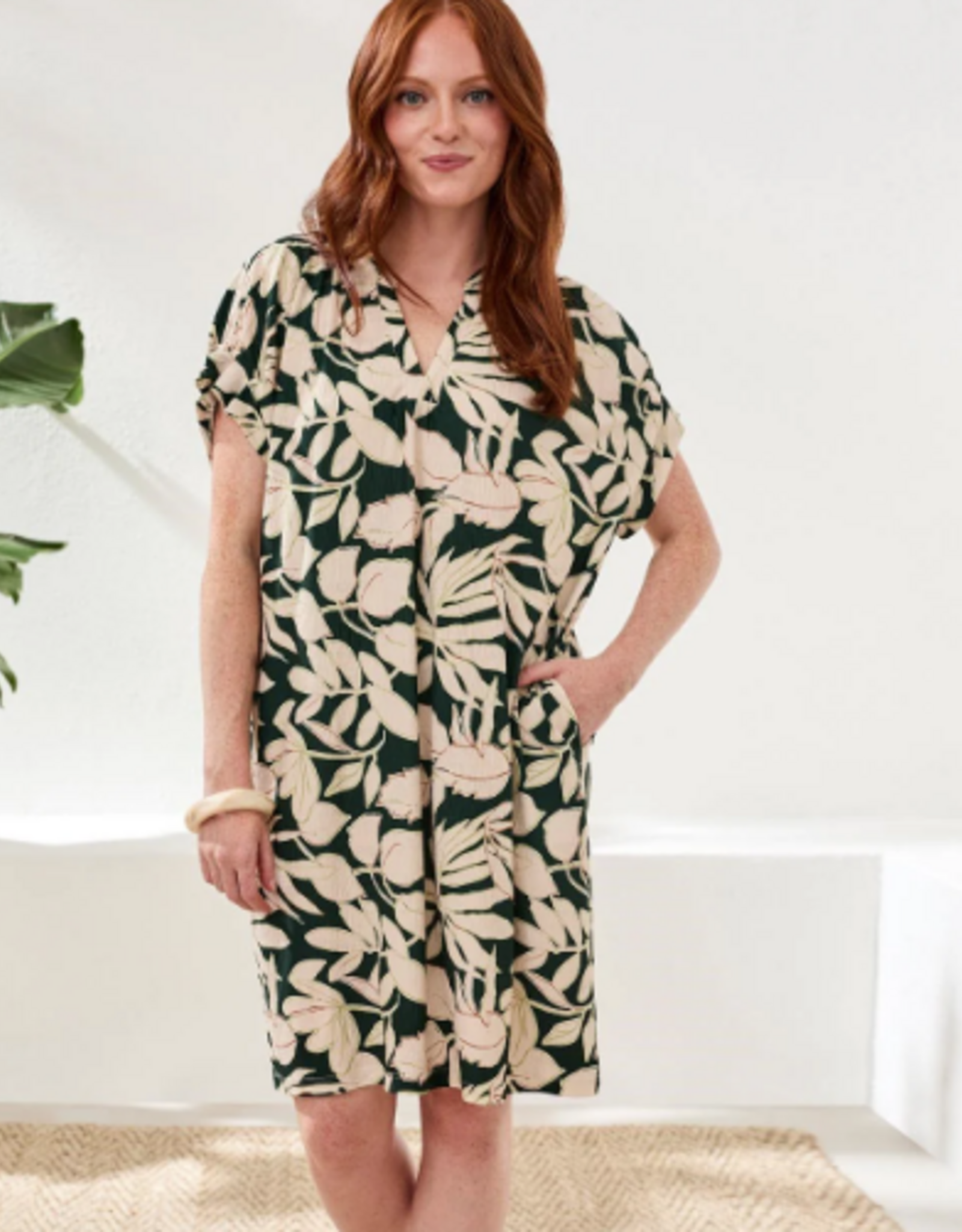 Tribal Tribal Rainforest Notch neck Ruffle Sleeve  Mid Length Dress