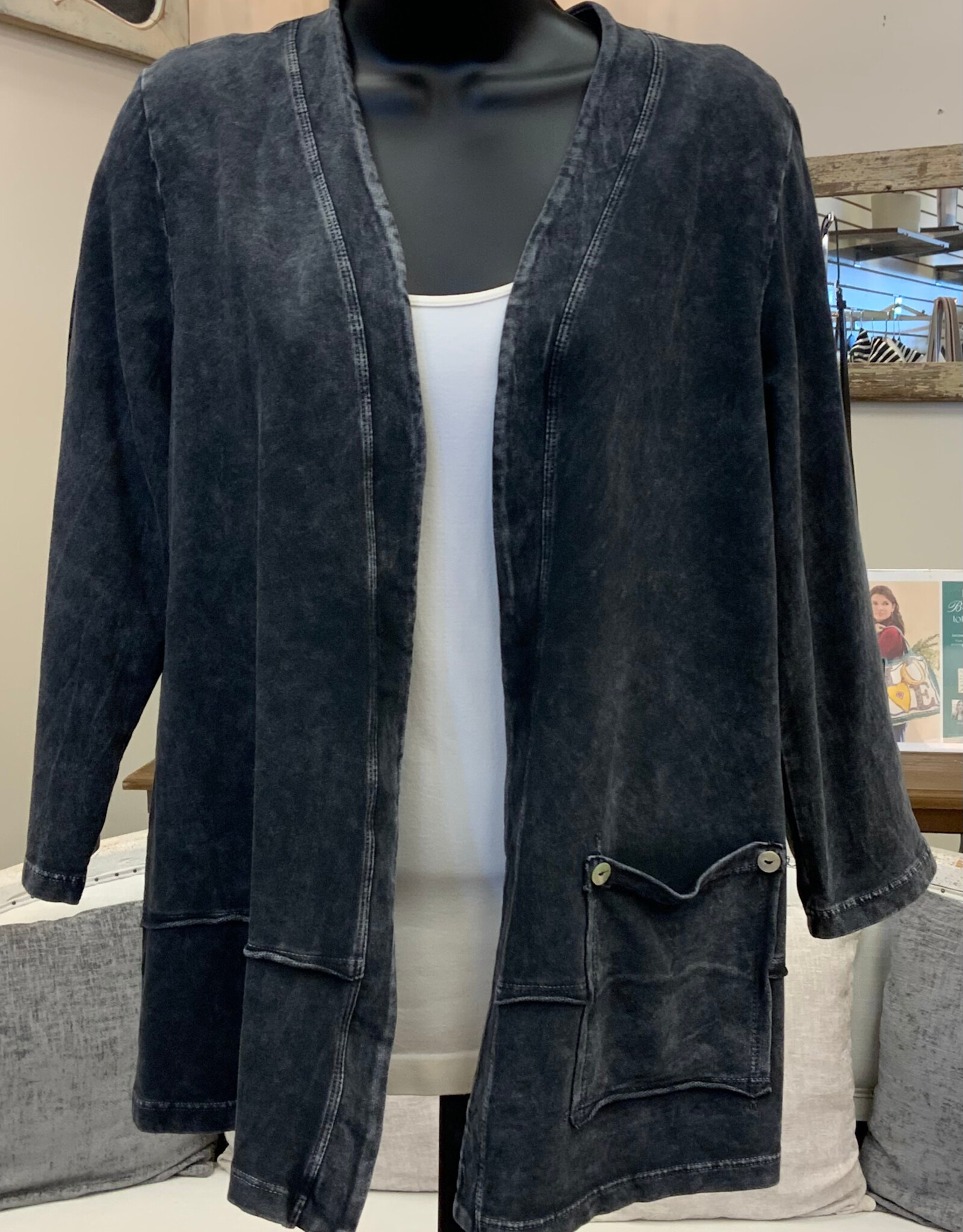 Jess & Jane  Jess & Jane M142 Black Denim Color Terry Open Front Cardigan