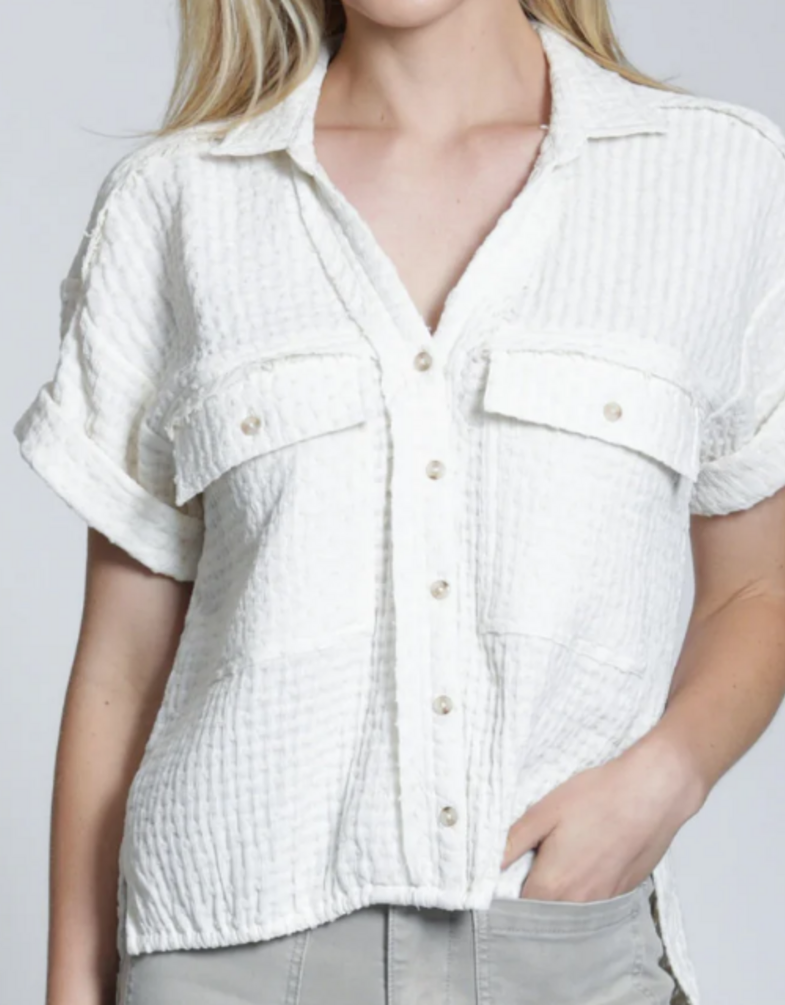 APNY APNY Natural Breezy Bubble Button Up Hi Lo Hemline Top