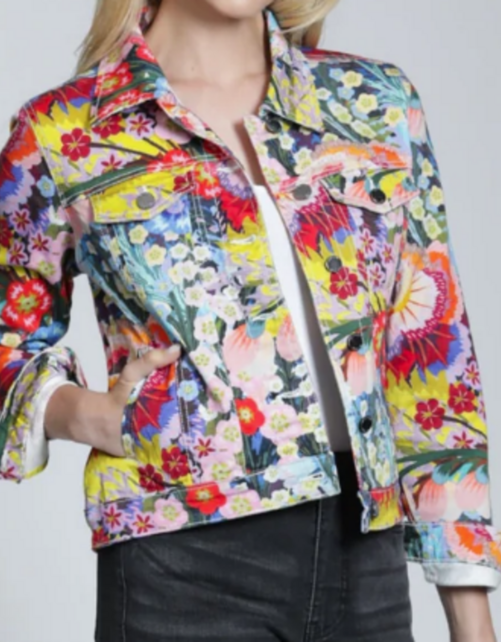 APNY APNY Blue Multi Floral Printed Long Sleeve Denim Jacket