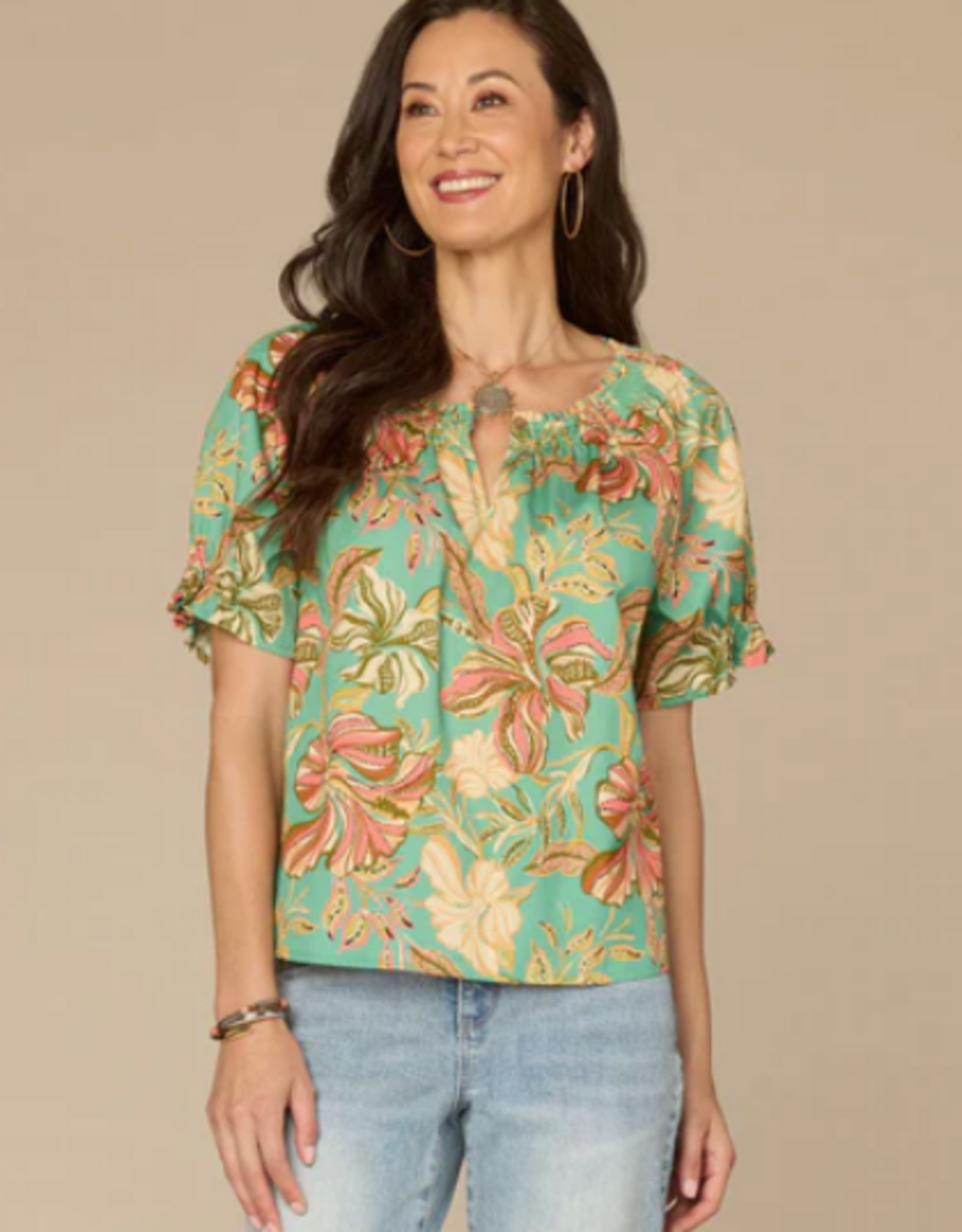 Democracy Democracy Sea Glass Smock Neck S/S Petite Top