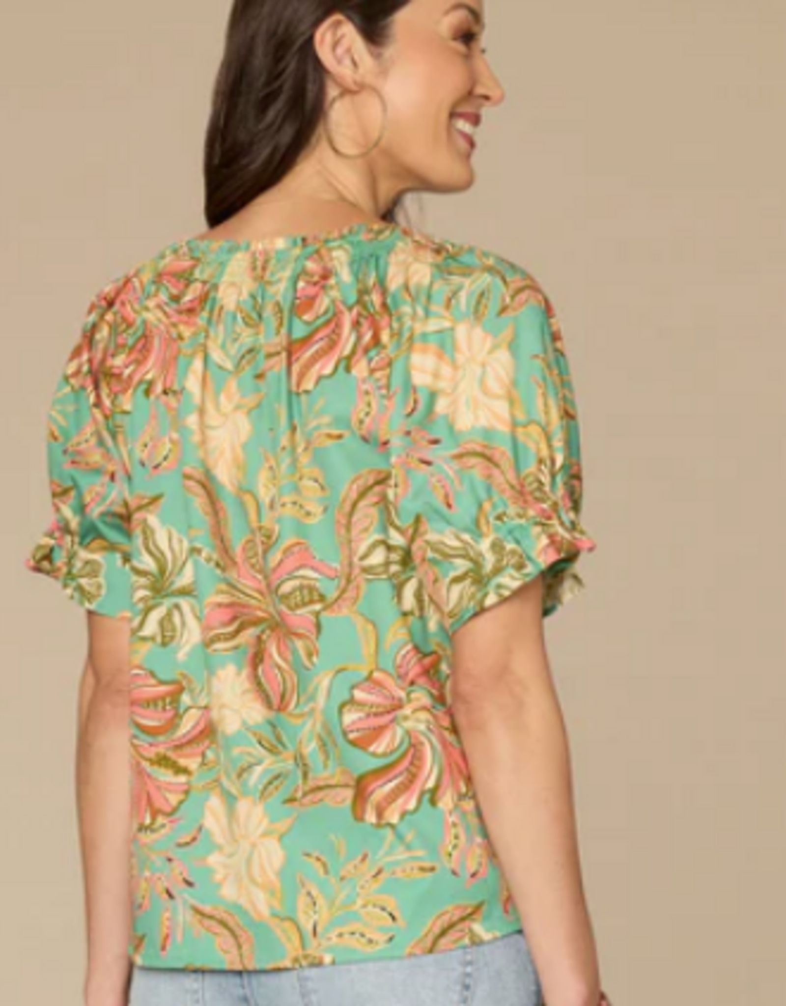 Democracy Democracy Sea Glass Smock Neck S/S Petite Top