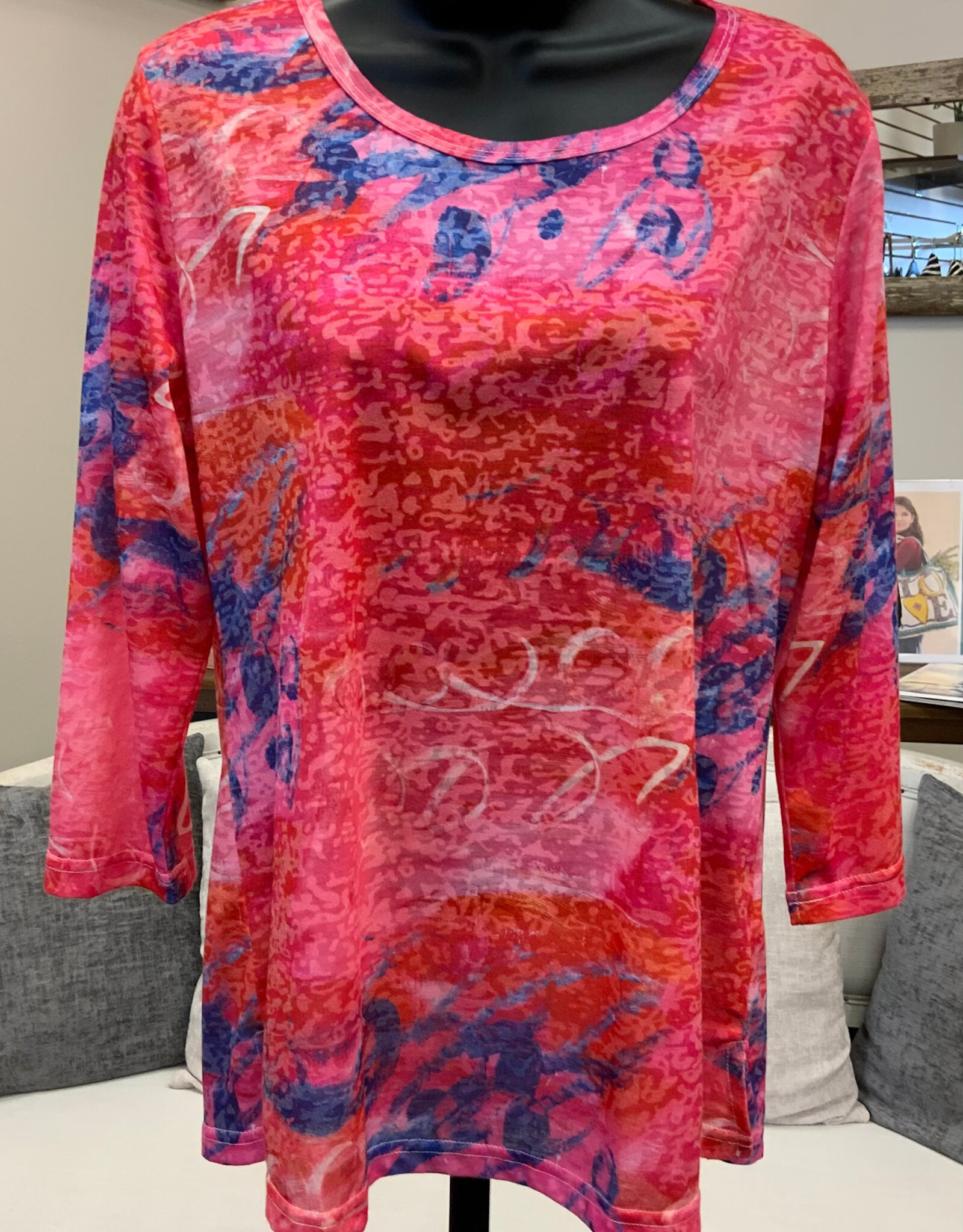 Creations Creation Script  Pink Multi Color 3/4 Sleeve Top