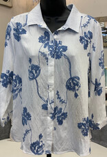 Creations Creation  White  Blue Embroidered Floral Print 3/4 Sleeve Top