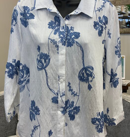 Creations Creation White  Blue Embroidered Floral Print 3/4 Sleeve Top