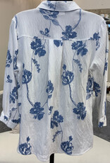 Creations Creation  White  Blue Embroidered Floral Print 3/4 Sleeve Top