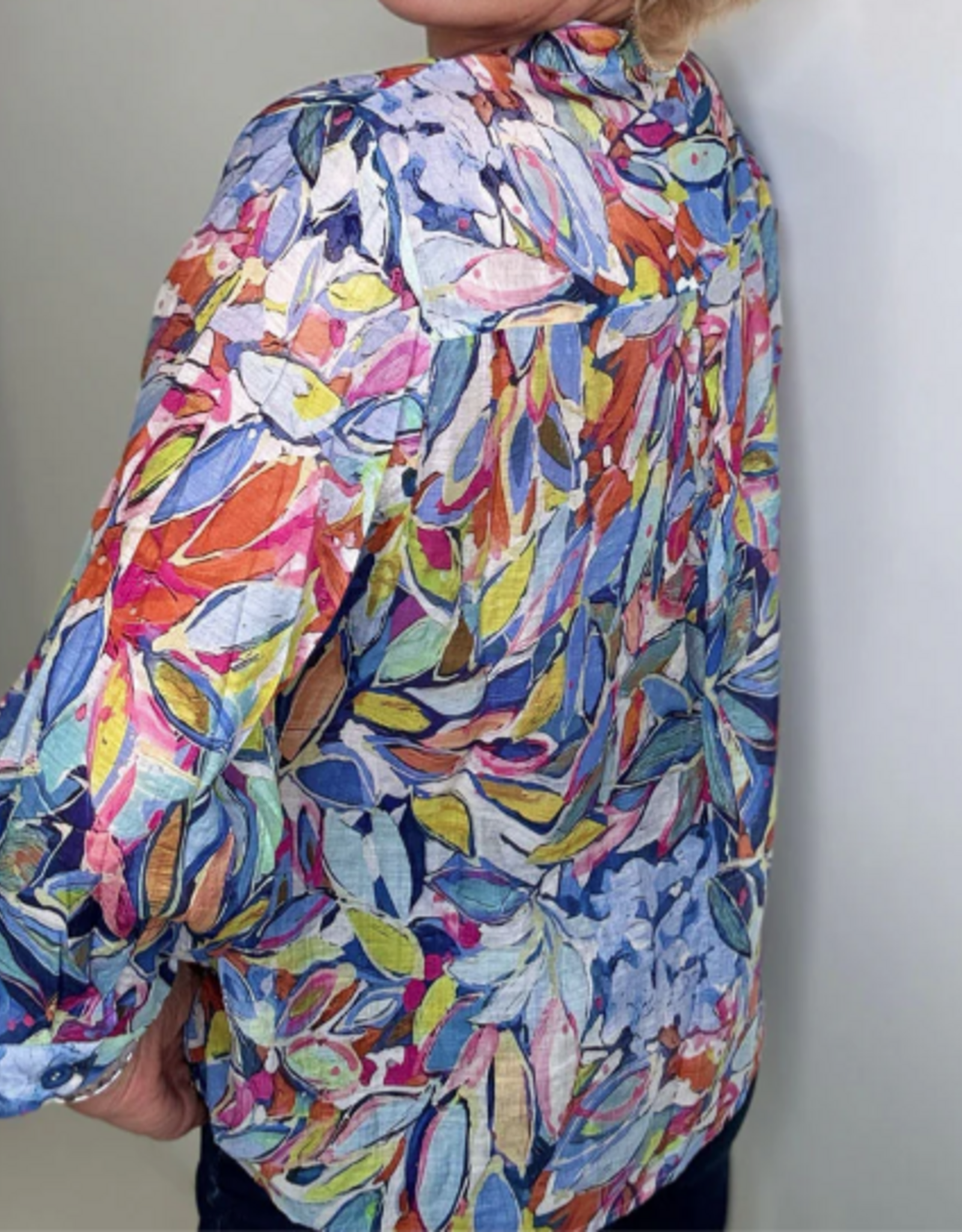 Ethyl Ethyl Multi Color Printed 1/4 Button Up 3/4 Sleeve Top