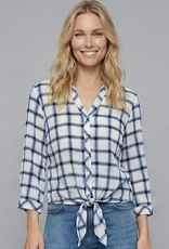 Ethyl Ethyl Blue Print Gauze Tie Front 3/4 Sleeve Top