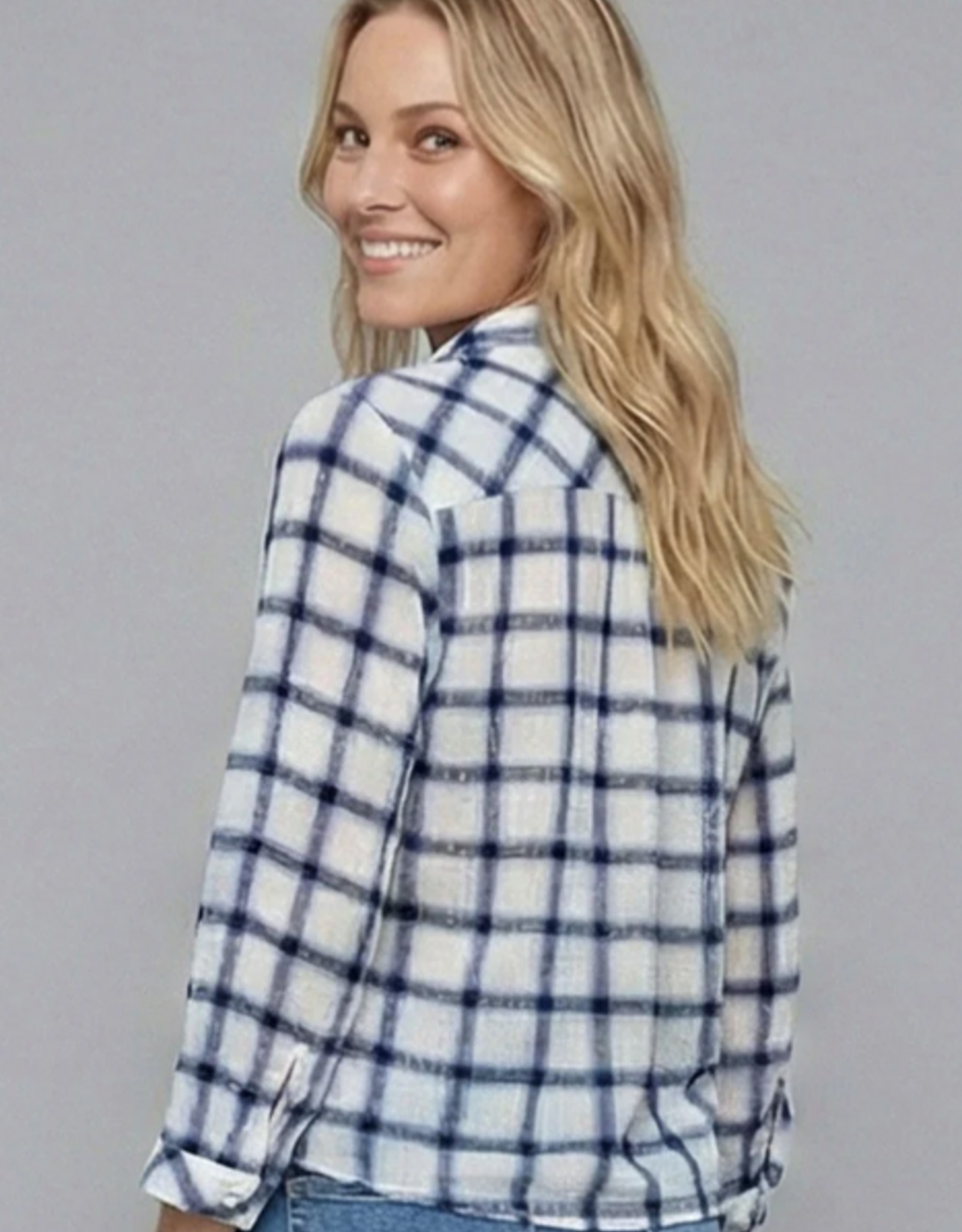 Ethyl Ethyl Blue Print Gauze Tie Front 3/4 Sleeve Top