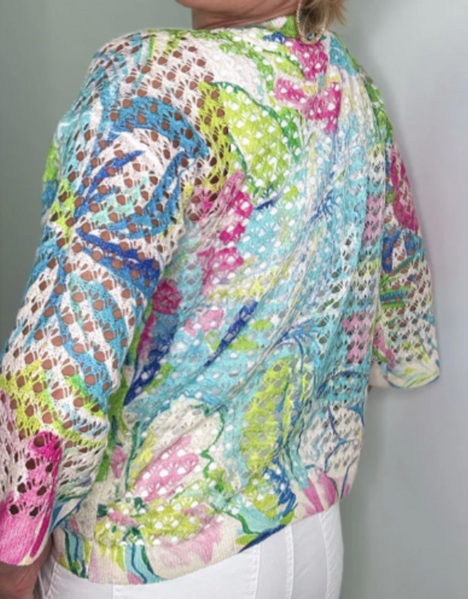 Ethyl Ethyl White Multi Color Print Round Neck 3/4 Sleeve Top