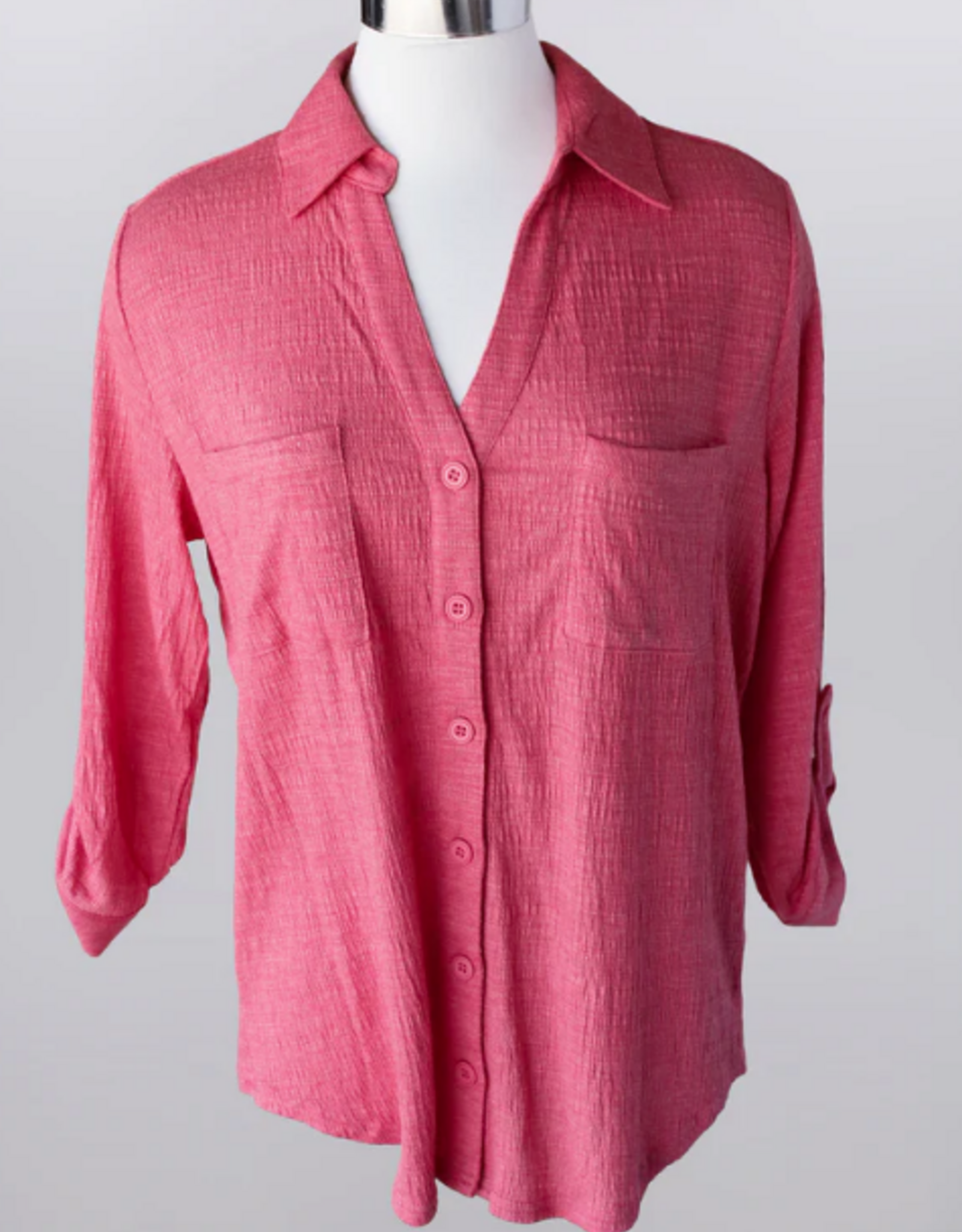 Keren Hart Keren Hart  Coral Collar Button Up 3/4 Sleeve Top