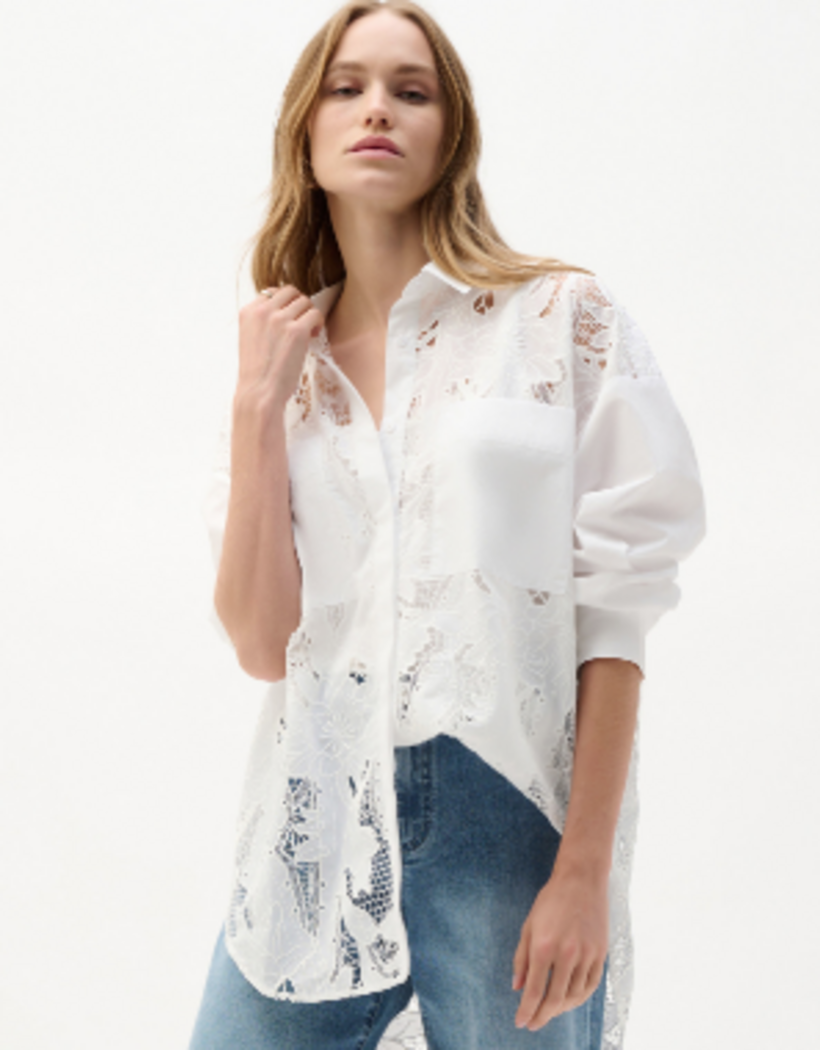 Joseph Ribkoff Joseph Ribkoff  White Cotton Lace Boxy Blouse With Embroidery