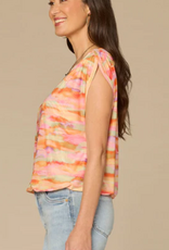 Democracy Democracy Extended Shoulder Boat Neck Bubble Hem Printed Knit Top