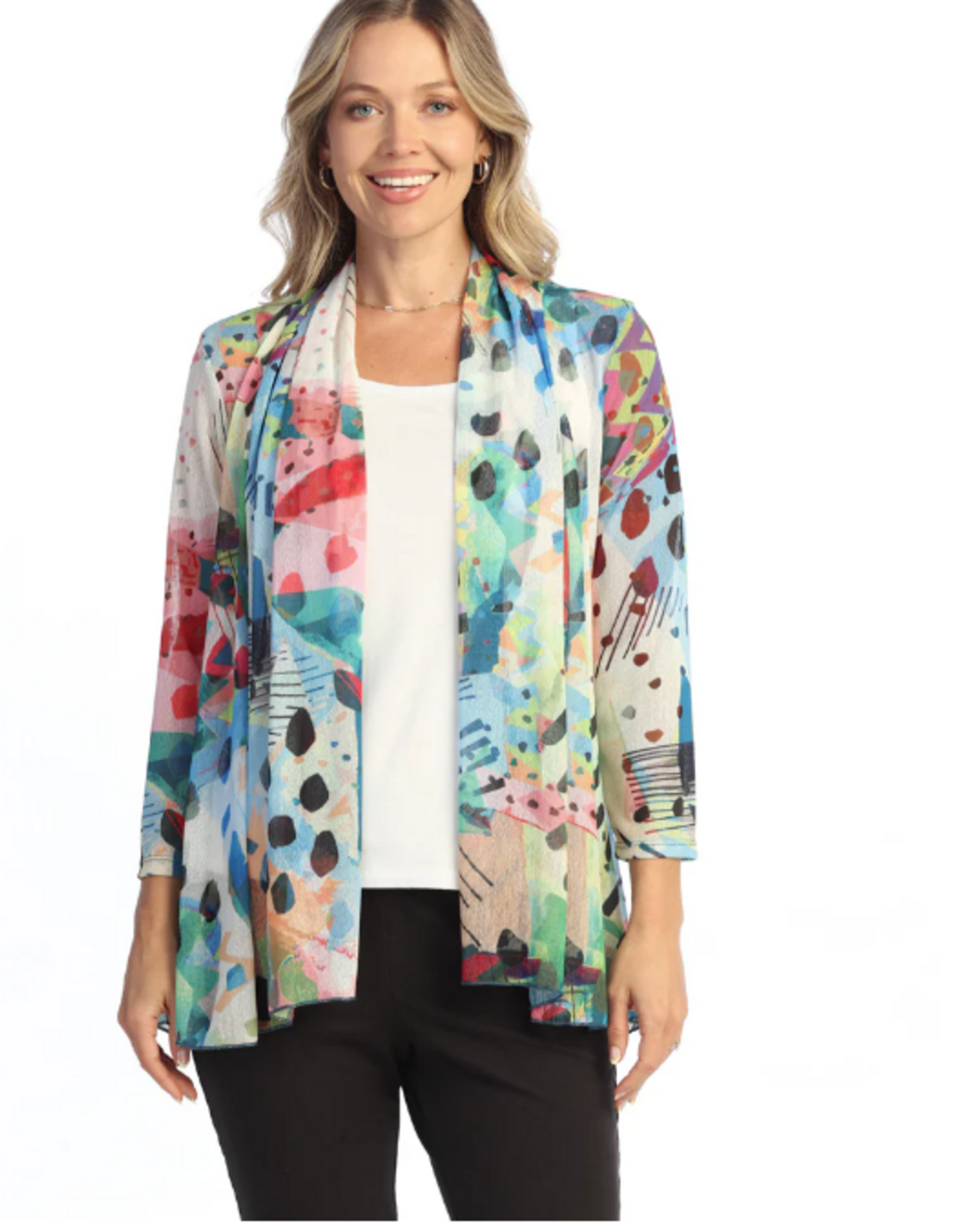 Jess & Jane Jess & Jane  Multi Color Crepe Mesh Drape 3/4 Sleeve Cardigan